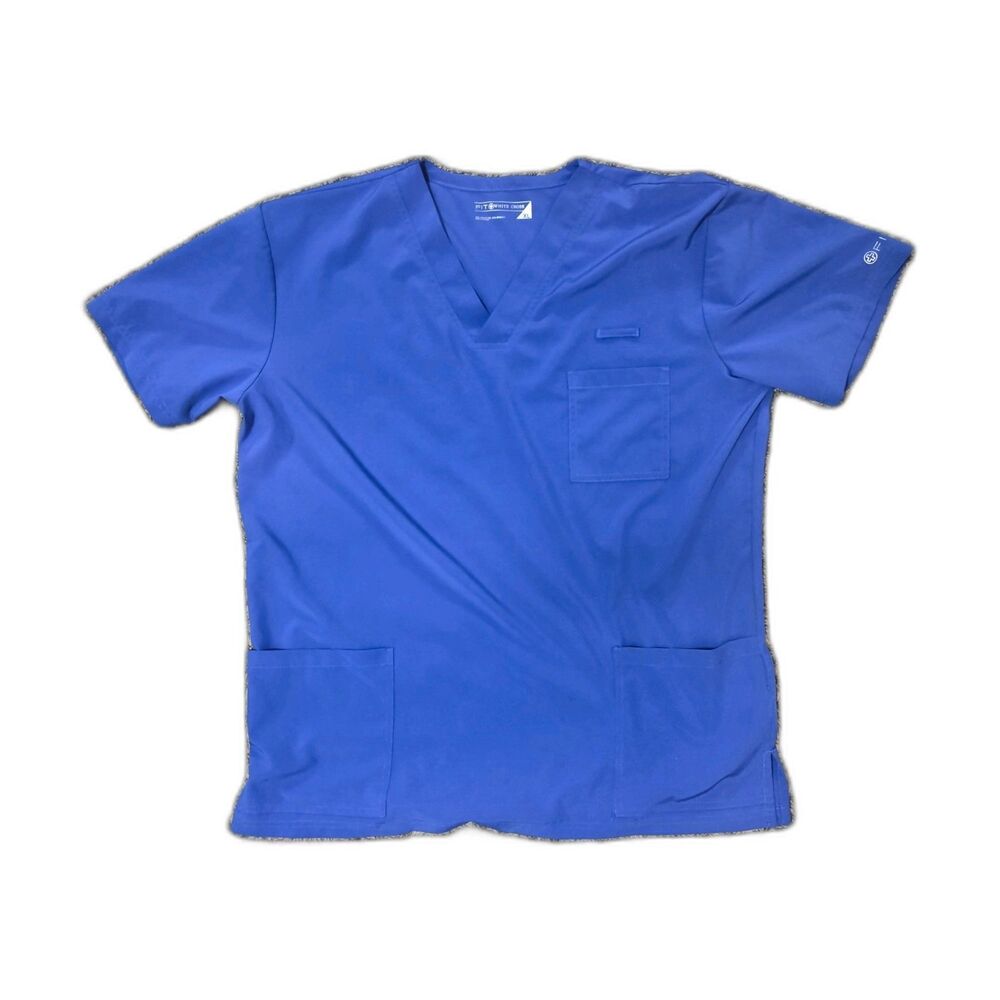 White Cross Fit Scrub Top Womens XL Blue V-Neck Medical Uniform Shirt